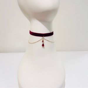 Red Velvet & Gold Beaded Drop Chain Dainty 2-In-1 Choker Necklace